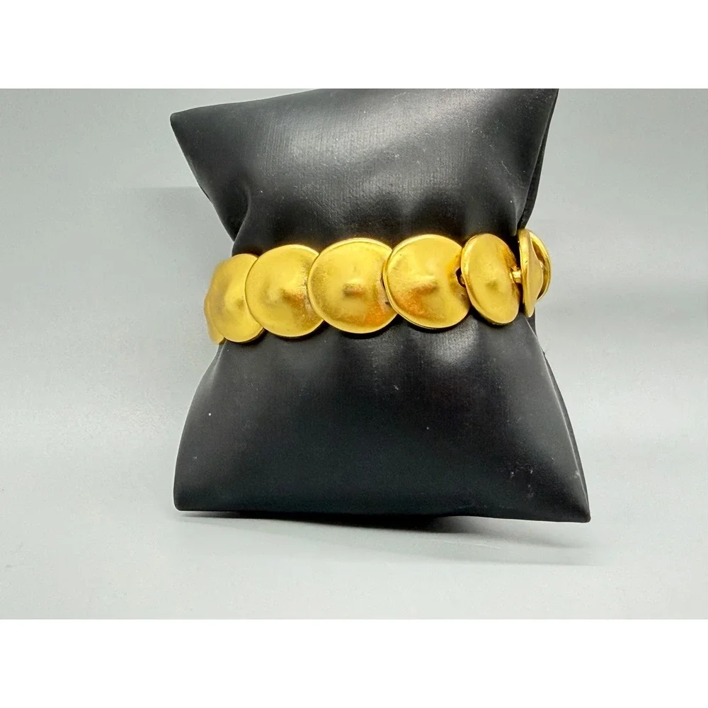 Vintage Craft ROund Disk Link Bracelet Matt Brushed Gold Tone Domed Art Deco